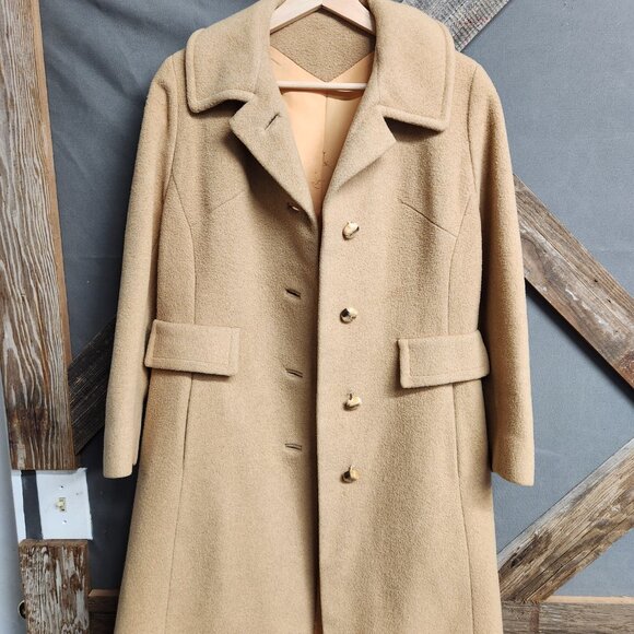 Vintage 100% Camel Hair Union Made Tan Long Coat Trench/Pea Women's with Pockets - Picture 1 of 13